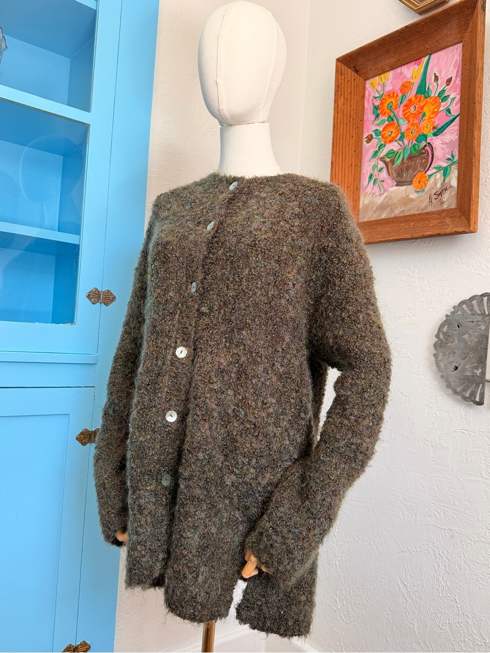 Vintage 90s Fuzzy Jones New York Mohair & Wool Olive Long Cardigan Size L